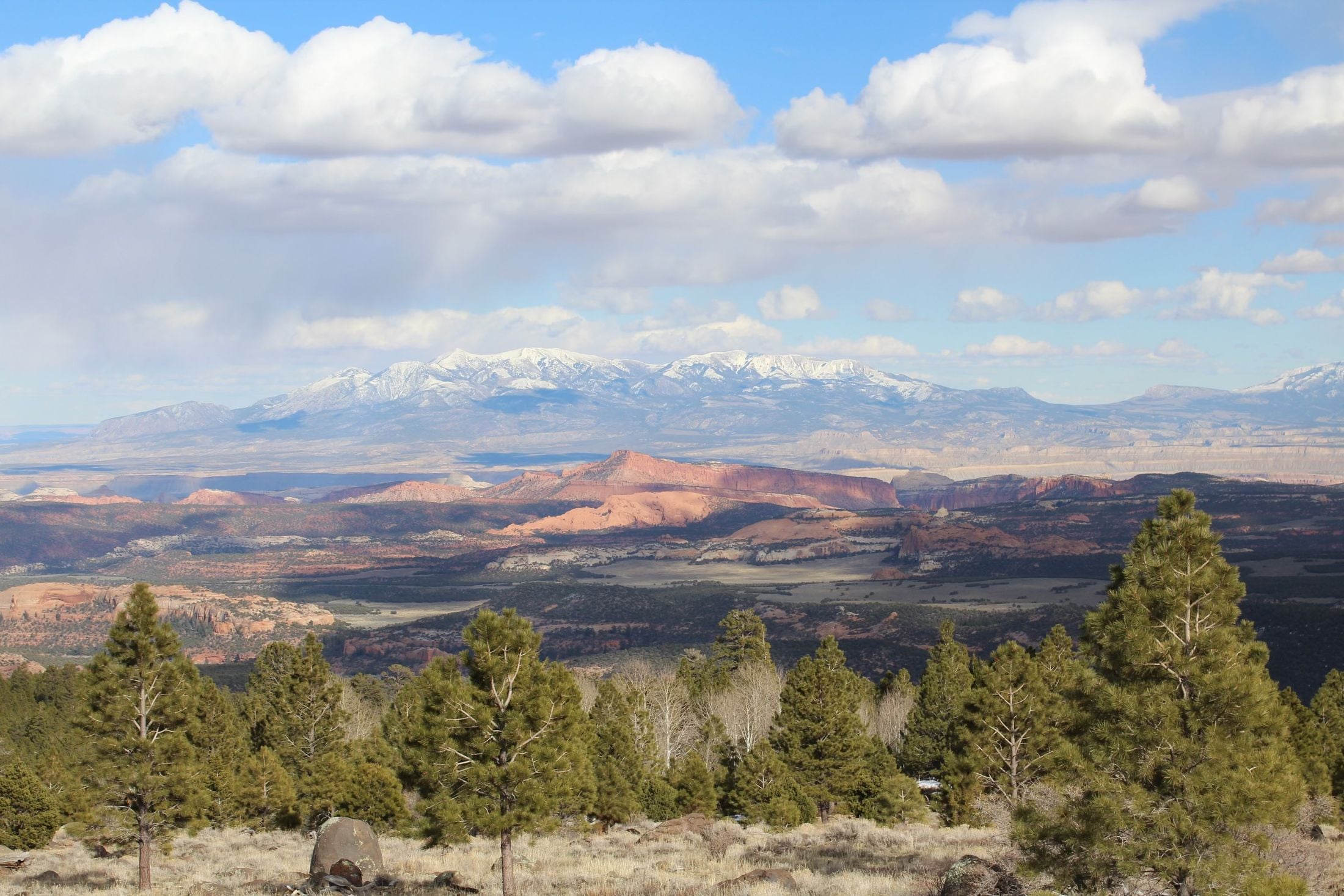 Southern Utah valley with distant snow-capped mountains