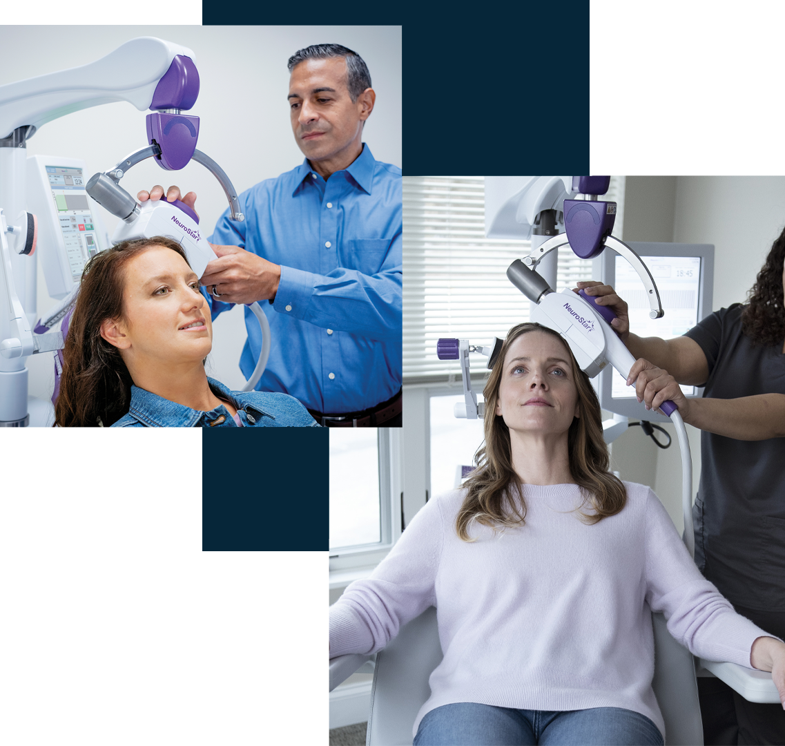 Two patients relaxing in a treatment chair while a technician positions the TMS magnetic coil